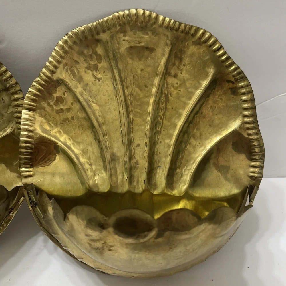 Vintage Solid Brass Wall Pockets Set Of 2 Hollywood Regency Polished Shell 6.5